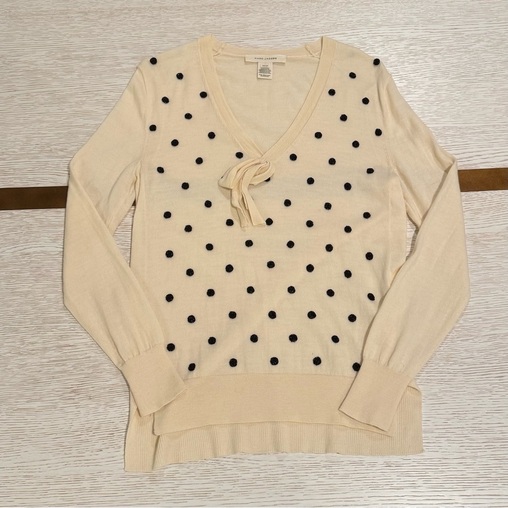 Marc Jacobs Cream V-Neck Sweater with Black Dots
